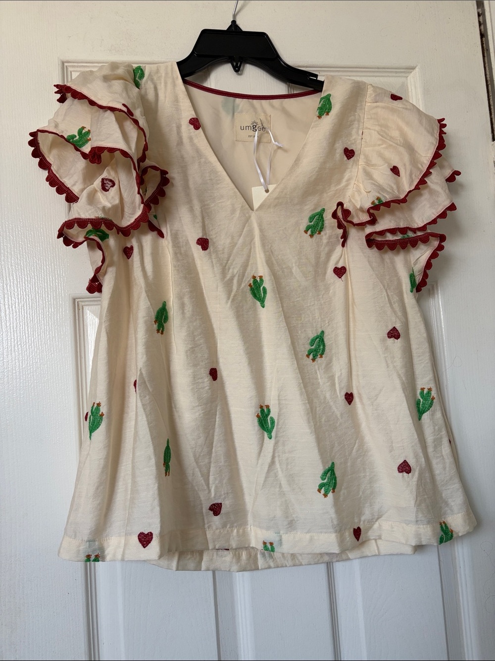 Umgee Cream V-Neck Top with Green Cactus & Red Heart Embroidery